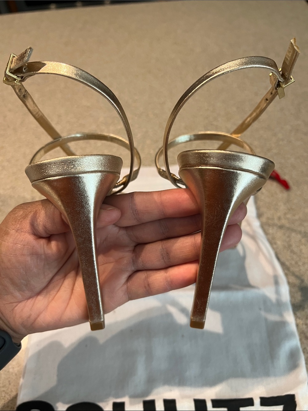 ❤️SCHUTZ PLATINA Gold Metallic Strappy Square-Toe Stiletto Heels - Picture 8 of 10